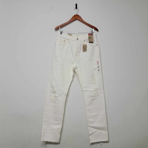 Levis 501 Original Non Stretch High Rise Button Fly Jeans in Destructed White 30 - Picture 1 of 5